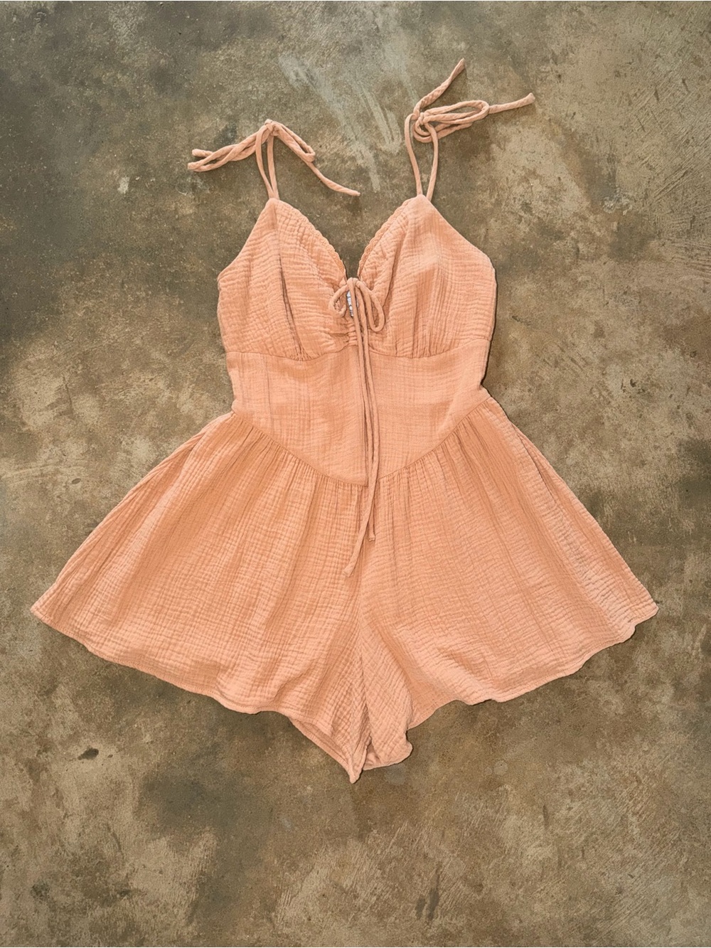 Love, Fire Tan Gauze Tie Strap Romper Medium Boho Cottagecore Cotton